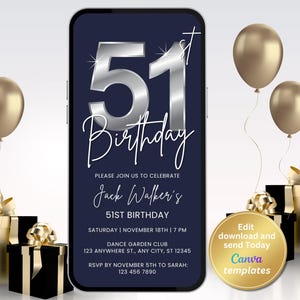 Minimalist 51st Birthday Party Invitation – Navy Blue and Silver Digital Invite – Editable 51st Birthday Template – Instant Download