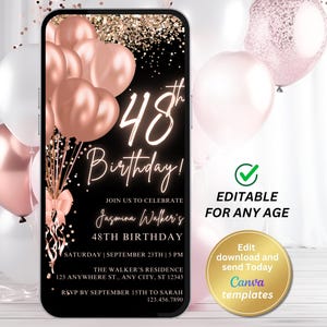 Digitale 48e verjaardagsuitnodiging, zwart roségoud, telefoontekstbericht Evite, bewerkbare sjabloon, direct downloaden
