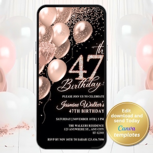 Digital 47th Birthday Party Invitation, Rose Gold Invite, Phone Text Message, Digital Invite, Editable Template, Instant Download