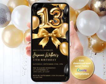 Digital 13th Birthday Invitation, Black Gold Invite, Editable Template, Instant Download