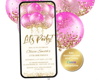 Digital Ivory Hot Pink Birthday Party Invitation, Gold Glitter, Pink Balloons, Phone Text Message Evite, Editable Template, Instant Download