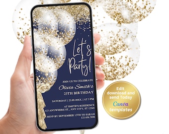 Digital Navy Gold Birthday Party Invitation, Gold Glitter Balloons, Phone Text Message Evite, Editable Template, Instant Download