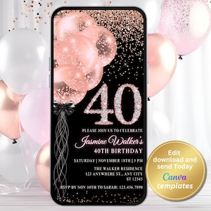 Digitale Einladung zur 40. Geburtstag für Frauen, Roségold-Einladung, Telefon-Textnachricht, digitale Einladung, bearbeitbare Vorlage, Sofort-Download