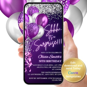 Elegant Digital Purple and Silver Surprise Birthday Party Invitation for Women - Any Age Editable, Sparkling Balloons - Instant Download
