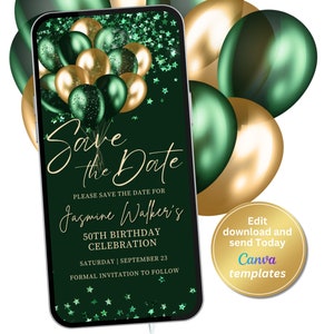 Faire gagner la date numérique vert émeraude et or, invitation texte, fête d'anniversaire, invitation numérique, modèle modifiable, téléchargement immédiat