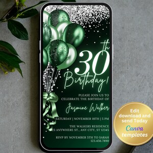 Einladung zur Party zum 30. Geburtstag – Grüne Luftballons und silberner Glitzer – Bearbeitbar für jedes Alter – Frauengeburtstag, Sofortiger Download