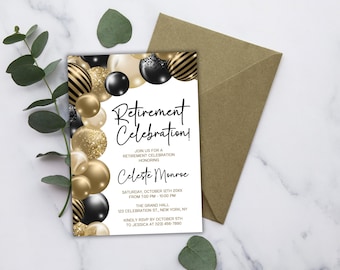 Editable Black and Gold Retirement Party Invitation – Modern Balloon Garland Design – Digital Download or Printable 5x7 Celebration Template
