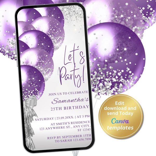 Digital Metallic Purple Balloons Birthday Party Invitation, Electronic Phone Text Message Evite, Editable Template, Instant Download