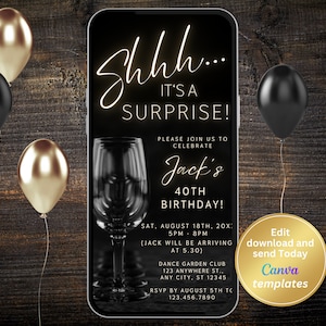 Digital Surprise Birthday Party Invitation for Men - Instant Download, Black Invitation, Text Message