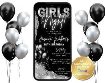 Girls Night Out Birthday Invitation Template, Black Editable Phone Invite, Digital Download