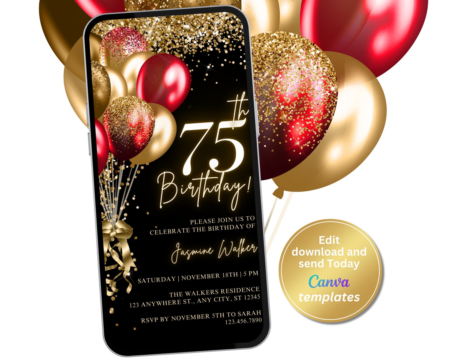 75th Text Red and Gold 75th Birthday Party Invitation - Editable Digital Evite ...