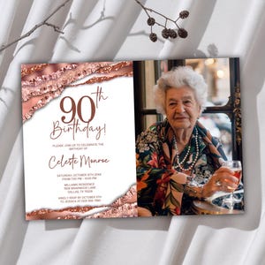 90th Birthday Invitation with Photo, Editable 90th Invite Template for Women, Digital or Printable Canva Birthday Card 7x5&quot;