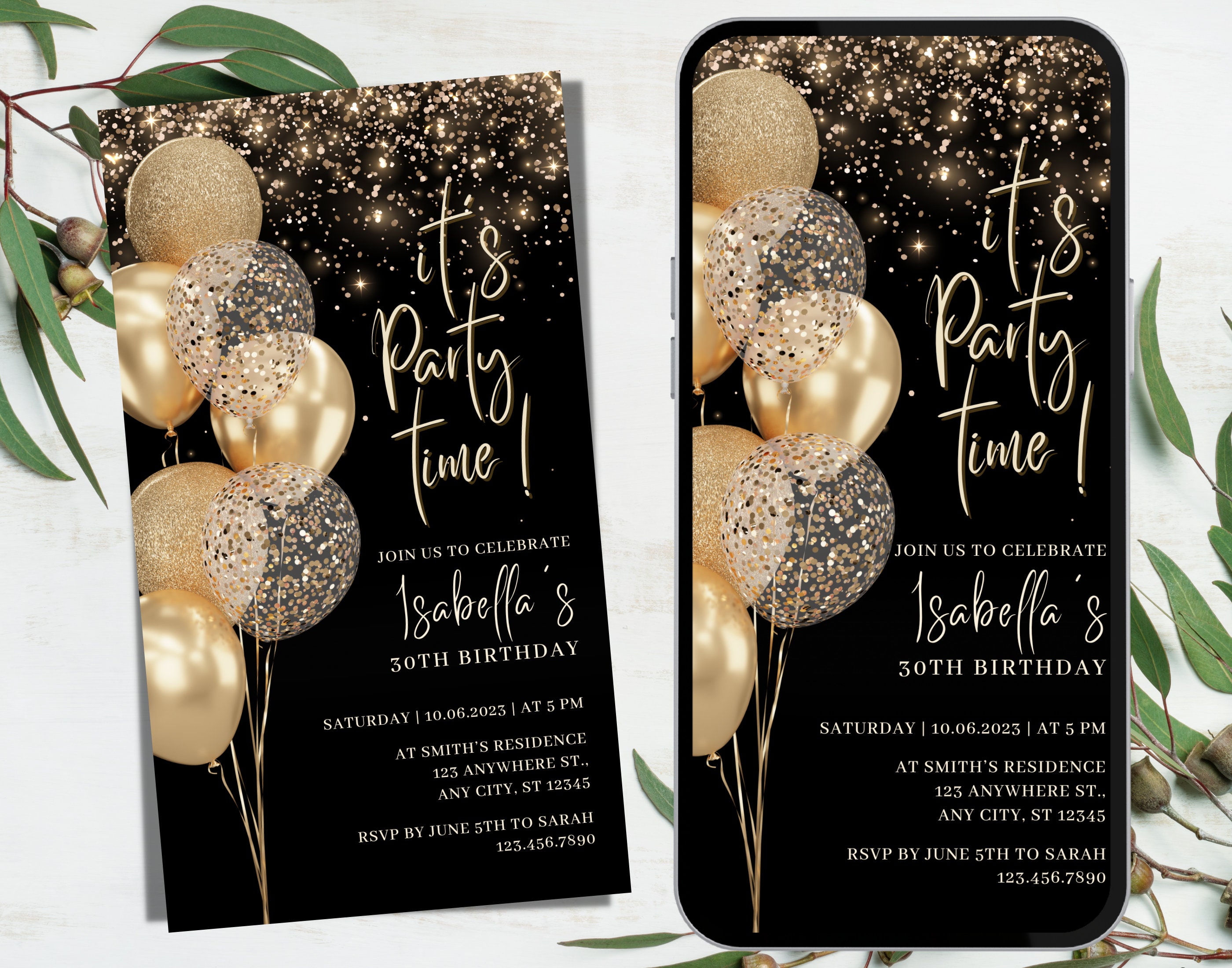 Digital Black Gold Birthday Party Invitation Mobile Phone - Etsy