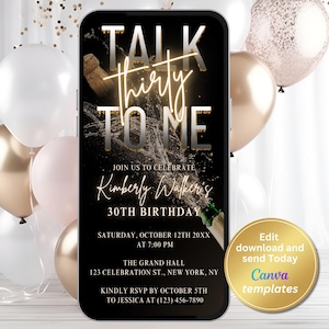 Talk Thirty to Me 30th Birthday Invitation – Digital Dirty Thirty Party Evite | Champagne Theme | Editable Canva Template | Instant Download