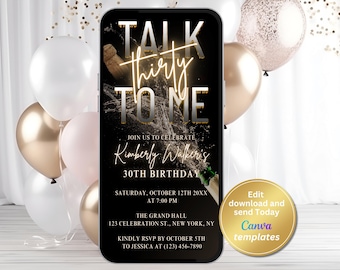 Invito per il 30° compleanno di "Talk Thirty to Me" - Invito digitale per la festa Dirty Thirty / Tema Champagne / Modello Canva modificabile / Download immediato