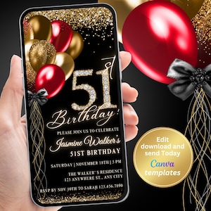 Digital 51st Birthday Party Invitation, Women Birthday Invite, Red Gold Invite, Diamond Invite, Editable Template, Instant Download
