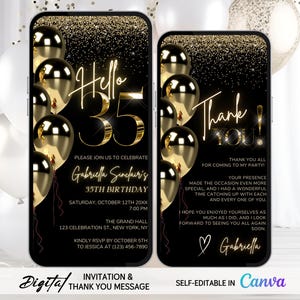Hello 35 Black & Gold Birthday Invitation Editable Template with Matching Thank You Message – Elegant 35th Birthday Dinner Digital Invite