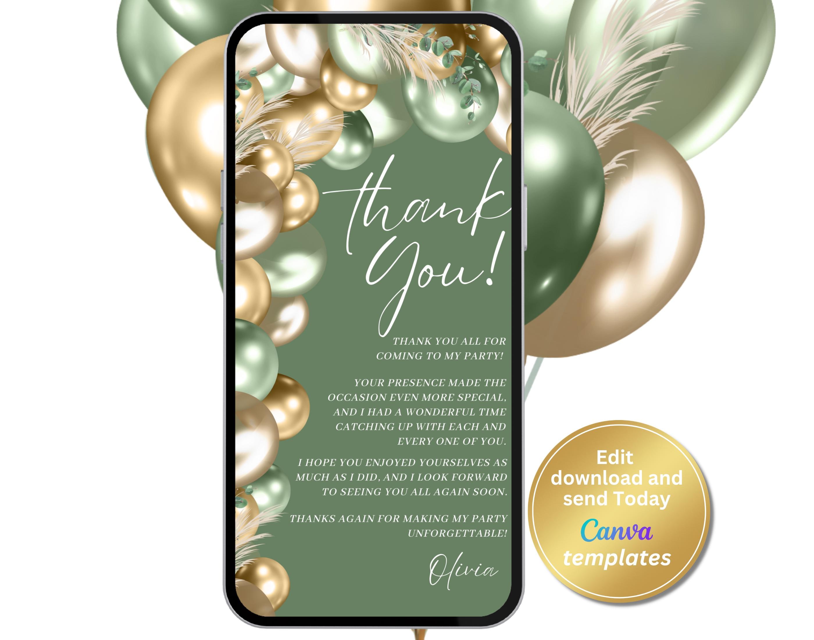 Digital Sage Green Birthday Thank You Card, Sage Green Gold Thank You Message, Editable Template, Instant Download