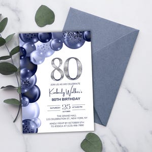 80th Birthday Invitation Navy Blue and White, Elegant 5x7 Digital Invite, Birthday Dinner or Brunch, Printable or Digital, for Men or Women