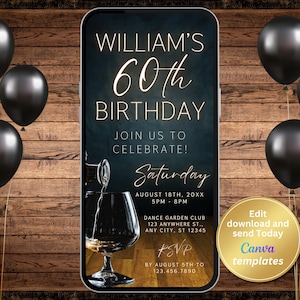 Editable Men&#39;s 60th Birthday Party Invitation - Whiskey Theme - Instant Download, Editable for Any Age