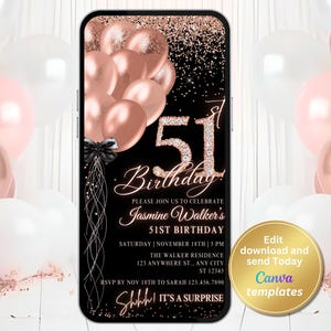 Digital 51st Birthday Party Invitation for Women, Surprise & Regular, Black Rose Gold Invitation, Editable Template, Instant Download