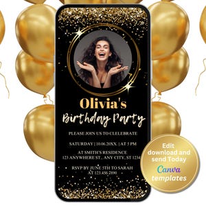Digital Birthday Photo Invitation, Electronic Birthday Party Invite, Phone Text Message Evite, Editable Template, Instant Download