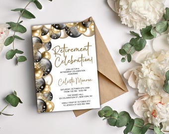 Retirement Party Invitation Template, Black Gold Elegant Celebration Invite, Editable Canva Printable Digital Invitation 5x7