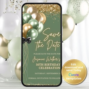 Digital Salbei Grün und Gold Save The Date Einladung, Salbei Luftballons einladen, Gold Glitter, Textnachricht, bearbeitbare Vorlage, Sofort Download