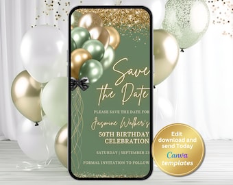 Puede incluir: Una tarjeta digital verde y dorada para guardar la fecha con un fondo de purpurina dorada. El texto dice "Save the Date" y "Jasmine Walker's 50th Birthday Celebration". La tarjeta está decorada con globos verdes y dorados.