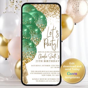 Convite de aniversário com balões brilhantes dourados verdes digitais, Vamos festejar, Modelo editável, Qualquer idade, Evite, Download instantâneo, Evite por telefone