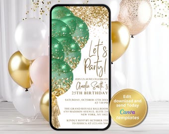 Editable Birthday Invitation, Let's Party Green Gold Balloons Invite, Digital Download