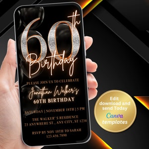 Digitale 60. Geburtstag Einladung Vorlage, 60. Geburtstag einladen, Telefon Textnachricht, digitale einladen, bearbeitbare Vorlage, Sofortiger Download