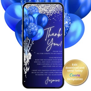Carte de remerciement numérique d'anniversaire, modèle de remerciement ballons scintillants bleu roi, téléphone, message texte, modèle modifiable, téléchargement immédiat
