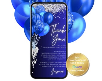 Digital Birthday Thank You Card, Royal Blue Glitter Balloons Thank You Template, Phone, Text Message, Editable Template, Instant Download
