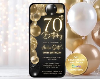 70th Birthday Invitation for Women, Black and Gold Balloons Invite, Elegant Editable Canva Template, Digital Birthday Dinner Evite