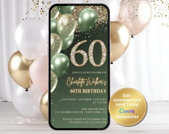 Sage Green Gold 60th Birthday Invitation, Elegant Digital Template, Instant Download
