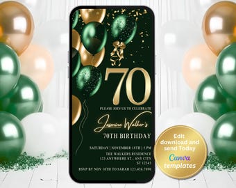 Faire-part de fête numérique 70e anniversaire pour femme, or vert émeraude, SMS, invitation numérique, modèle modifiable, téléchargement immédiat
