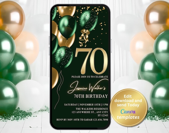 Digital 70th Birthday Party Invitation for Women, Emerald Green Gold, Text Message, Digital Invite, Editable Template, Instant Download
