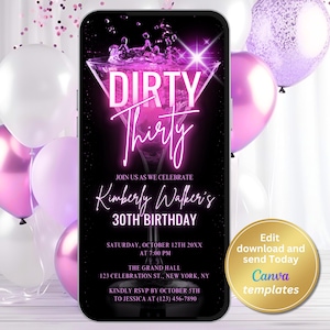 Digital Dirty Thirty Birthday Invitation – Martini Cocktail Party Invite for Women – Neon Pink Editable 30th Birthday Digital Template