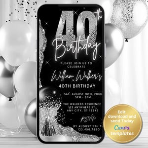 Digitale Einladung zur 40. Geburtstag, schwarz und silber 40. Geburtstagsparty-Einladung für Ihn, elegant & editierbar, Instant Download