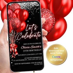 Digital Black Red Birthday Party Invitation, Red Glitter Balloons, Phone Text Message Evite, Editable Template, Instant Download