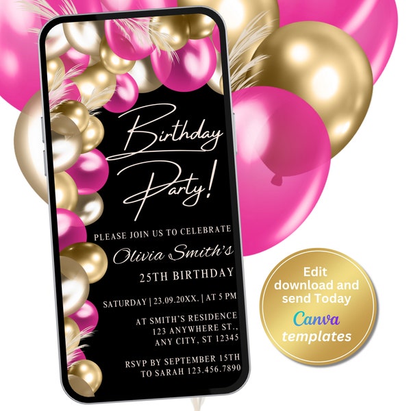 Digital Black Hot Pink Gold Birthday Party Invitation, Phone Text Message Evite, Editable Template, Instant Download