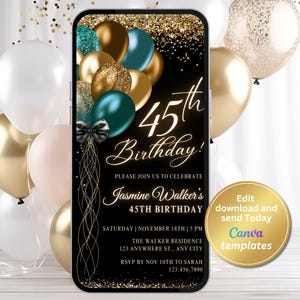 Bewerkbare 45e digitale sjabloon - digitale blauwgroen en gouden verjaardagsuitnodiging - telefoonuitnodiging glitter - sms-bericht Evite - direct downloaden