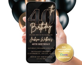 Faire-part de fête d'anniversaire 40e anniversaire, numéro d'invitation en or noir, pour homme, invitation numérique, modèle modifiable, téléchargement immédiat