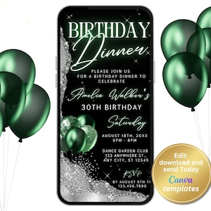 Digital Women&#39;s Birthday Dinner Invitation - Glam Silver Agate & Emerald Green Balloons - Editable Mobile Invitation