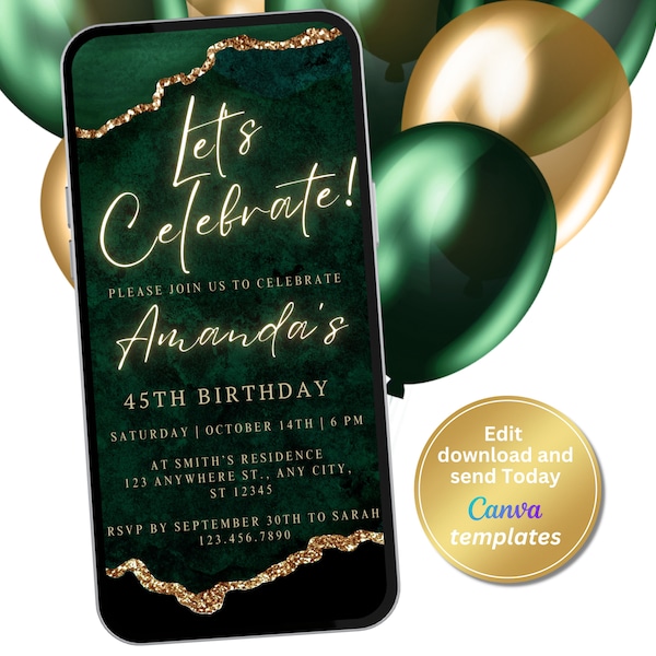 Digital Emerald Green and Gold Invitation, Green and Gold Agate Invite, Phone Text Message Evite, Editable Template, Instant Download