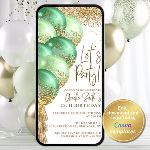 Faire-part d'anniversaire numérique or vert, ballons scintillants or vert, modèle modifiable, tout âge, Evite, téléchargement immédiat, téléphone Evite