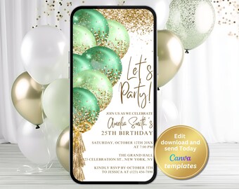 Smaragdgrön guld födelsedagsinbjudan | Låt oss festa telefonmall | Elegant glitterballong digital textmeddelandeinbjudan Canvas