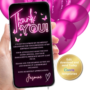 Biglietto di ringraziamento digitale per compleanno, modello di ringraziamento rosa caldo nero, telefono, messaggio di testo, invito digitale, modello modificabile, download istantaneo