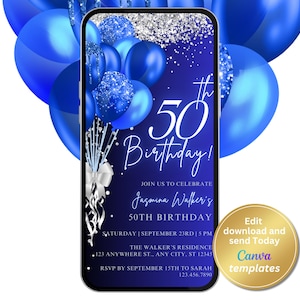 Digital 50th Birthday Party Invitation, Royal Blue, Silver, Phone Text Message Evite, Editable Template, Instant Download